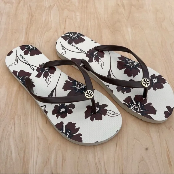 Tory Burch Potting Soil Ivory Daisy Flip Flop Thong Sandal Logo Size 8 EUC - Picture 1 of 8